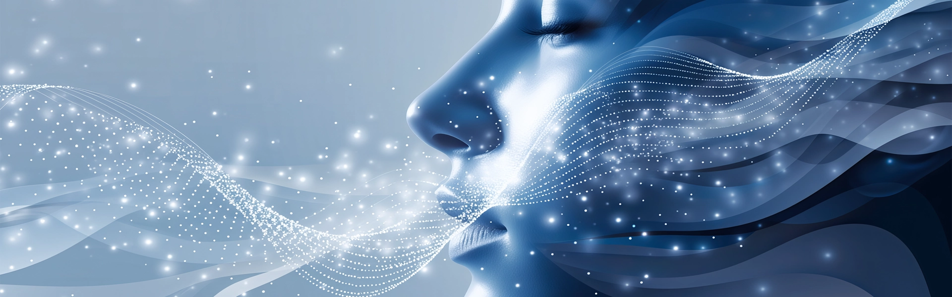 Manifiesto ético.Rostro sereno iluminado en azul que simboliza la conciencia humana y la inteligencia artificial en armonía, del Manifiesto Ético de Nualitria.